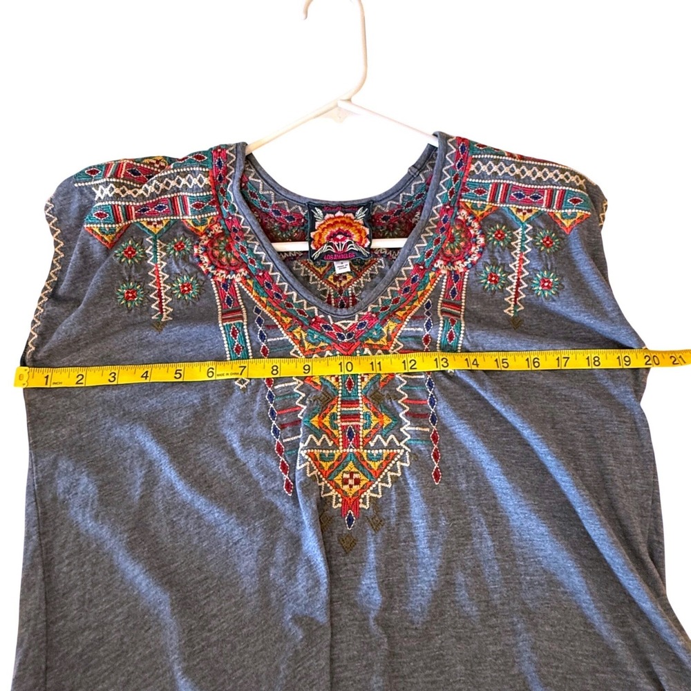 Johnny Was Embroidered V-Neck Cap Sleeve Boho Top Heathered Blue light Cotton S - Picture 7 of 10